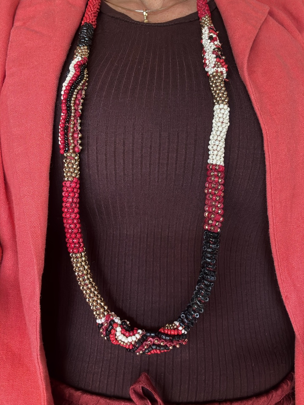 Handcrafted Multicolor Beaded Long Necklace - Red, Black & White